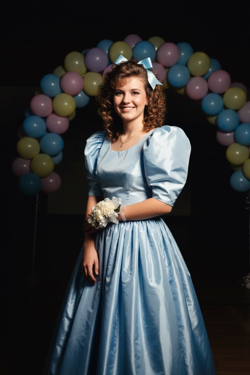 80s Prom Photo: Balloon arch, taffeta, ruffled tux and a hard on-camera flash — the 1985 gymnasium prom portrait