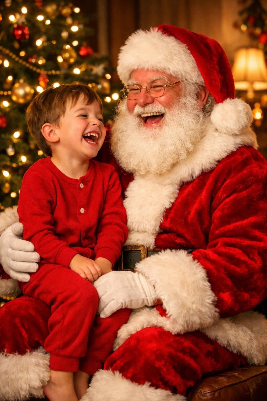 AI Santa Photo Generator: Warm, photorealistic Santa Claus photo scene — classic mall-photo or storybook styling