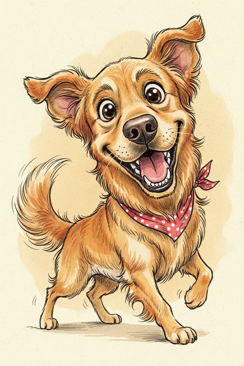 Pet Caricature Portrait: Your dog or cat, exaggerated the way a good caricaturist would do it — breed traits pushed hard