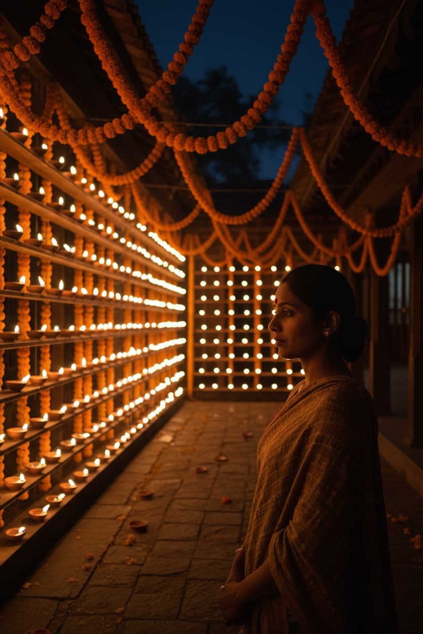 Diwali Diya-Lit Portrait Edit: Ordinary photo into a Diwali portrait — the prompt names the physics of lamp light instead