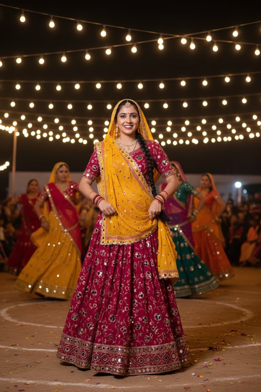 Navratri Garba Portrait Edit: A Navratri edit that swaps in chaniya choli or kediyu detail and a garba-ground backdrop