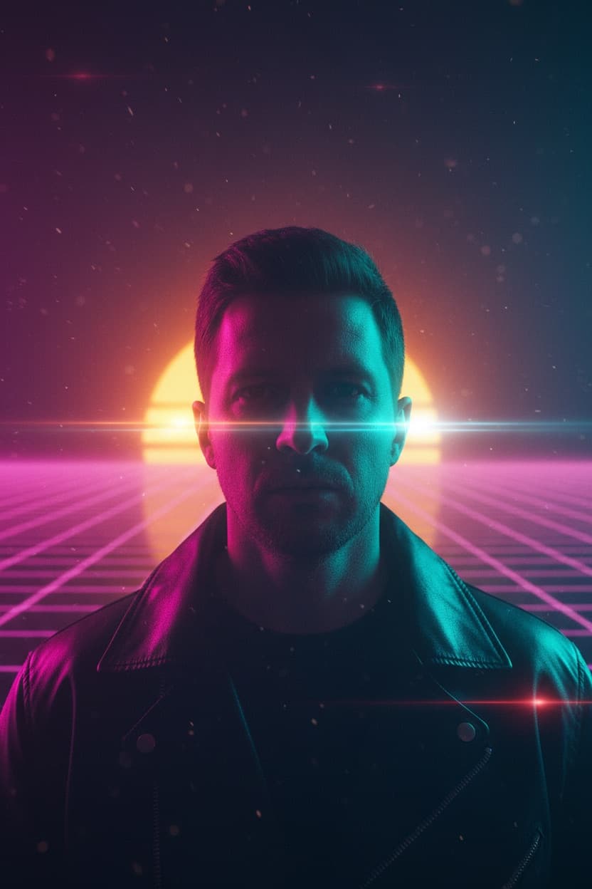 Synthwave Neon 80s Portrait: Magenta and cyan rim light, a chrome grid horizon and a low sun