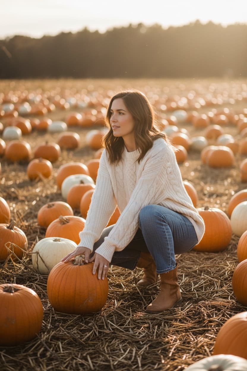 Pumpkin Patch Photoshoot Generator: Golden-hour pumpkin patch photos — the outfit, the light and the field