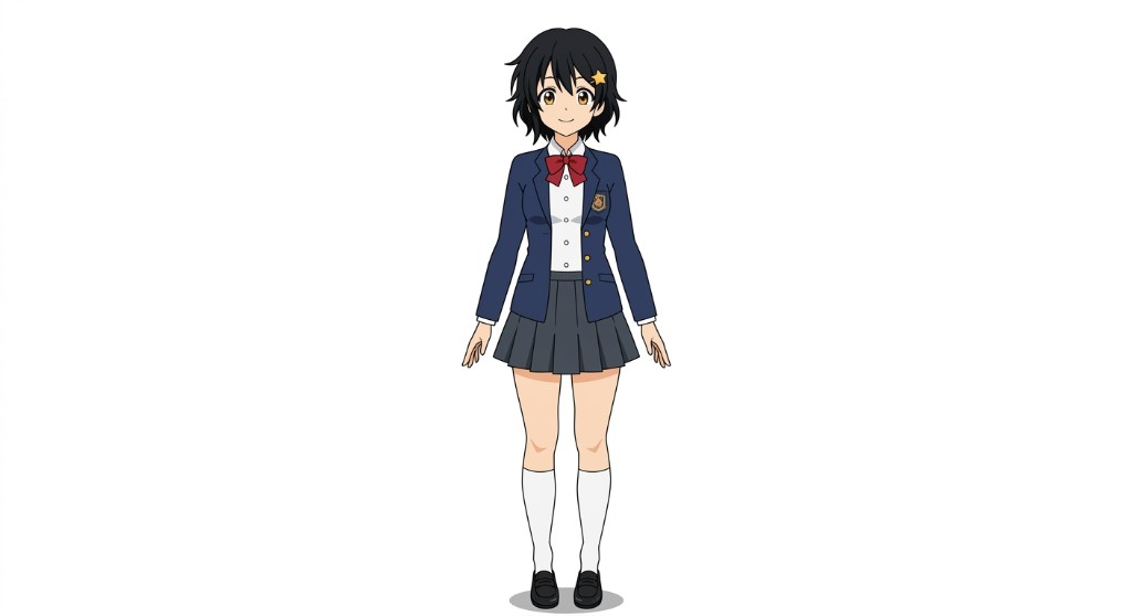 Anime character design sheet — Hana, a 16-year-old girl with short black hair, amber eyes, star-shaped yellow hairpin, and navy school uniform with red ribbon bow tie. Full-body front view on white background, clean cel-shading reference style.