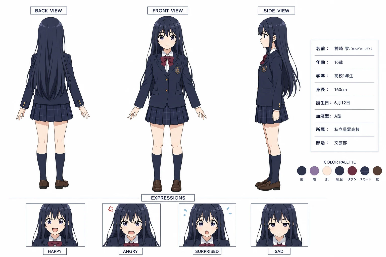 Anime character design sheet — three-view turnaround with front, side and back views plus expression sheet