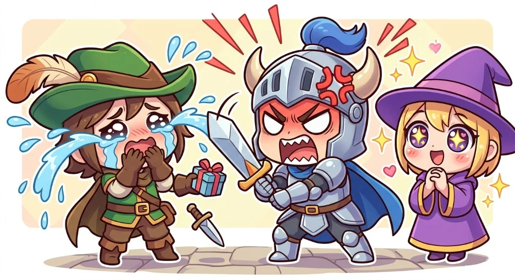 Chibi/SD anime characters — three exaggerated super-deformed fantasy characters showing rage, sparkle-eyed excitement and dramatic crying expressions