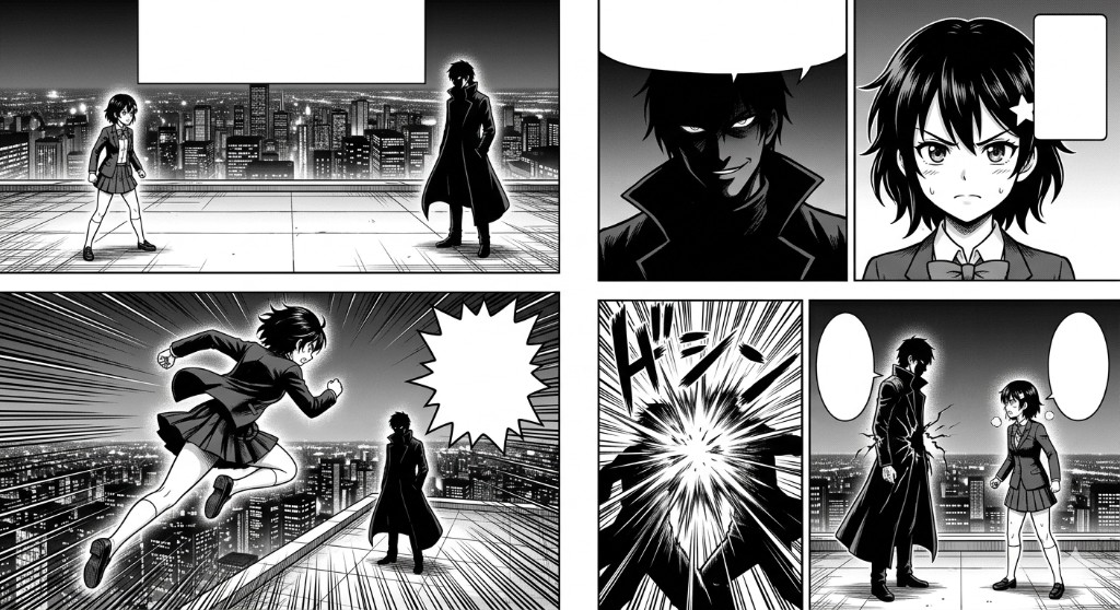 6-panel black and white manga villain confrontation page — Hana and a tall villainous figure in a long dark coat face off on a rooftop with city skyline at night, large empty rectangular speech bubble above them (panel 1), villain close-up showing smirking expression and Hana's determined reaction with an empty speech bubble beside her (panels 2 and 3), Hana leaps toward the villain mid-air with speed lines and a large empty jagged action burst (panel 4), explosive energy impact at the clash point (panel 5), both characters stand facing each other in the aftermath with the villain damaged and Hana firm, two empty oval speech bubbles (panel 6)