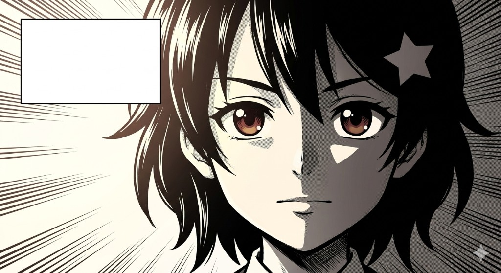 Dramatic manga close-up panel of Hana — face filling the frame, one side lit with warm light and the other in deep shadow, bold ink linework, screentone-style radial emphasis lines behind her, calm and resolute expression looking directly at the viewer, empty rectangular inner-monologue bubble in the upper-left corner, high-contrast black and white with muted sepia tones