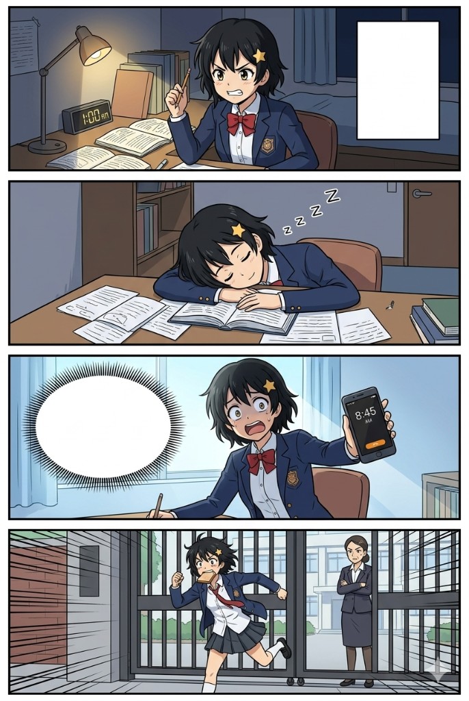 4-panel yonkoma anime comic strip variant — Hana studies at her desk at 1 AM, determined with pencil raised and a rectangular inner-monologue bubble (panel 1), falls asleep face-down on her textbook with floating Zzz shapes (panel 2), bolts awake holding her phone showing 8:45 AM with a large shocked speech bubble (panel 3), sprints through the school gate in a panic as a stern teacher watches with arms crossed (panel 4). Character consistent across all panels.