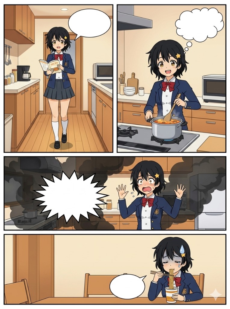 4-panel yonkoma anime comic strip — Hana walks into a kitchen with a recipe book (panel 1), cooks confidently at the stove with a thought bubble (panel 2), panics as smoke fills the kitchen with an empty action burst (panel 3), and eats instant noodles defeated with a small speech bubble (panel 4). Character consistent across all panels, empty speech bubbles throughout.