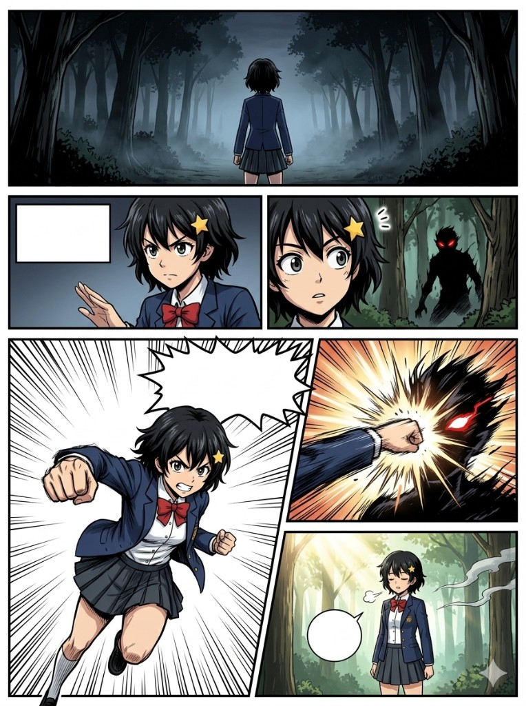 6-panel shonen manga action page — Hana stands at the entrance of a dark misty forest viewed from behind (wide establishing panel 1), faces the viewer with a determined expression and empty rectangular monologue bubble (panel 2), reacts as a shadowy red-eyed figure emerges from the trees (panel 3), charges forward punching with speed lines and a large empty jagged action burst (panel 4, largest), fist connects with the shadow in an explosive energy impact (panel 5), stands in morning light as the shadow dissolves into smoke with a small empty speech bubble (panel 6). Character consistent across all panels.