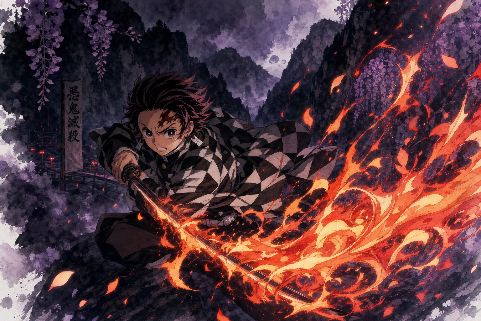 Demon Slayer style anime scene — demon slayer in checkered haori with flame breathing technique, watercolour wash background, ufotable aesthetic