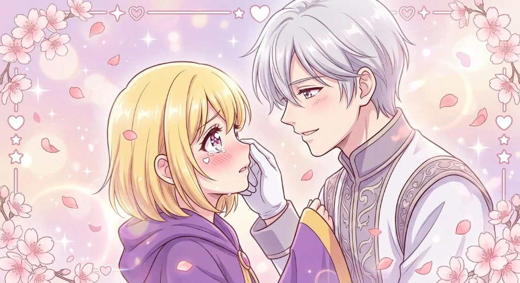 Shojo romance anime scene — two characters in an intimate moment surrounded by cherry blossoms, soft pastel pink palette with sparkles and heart details