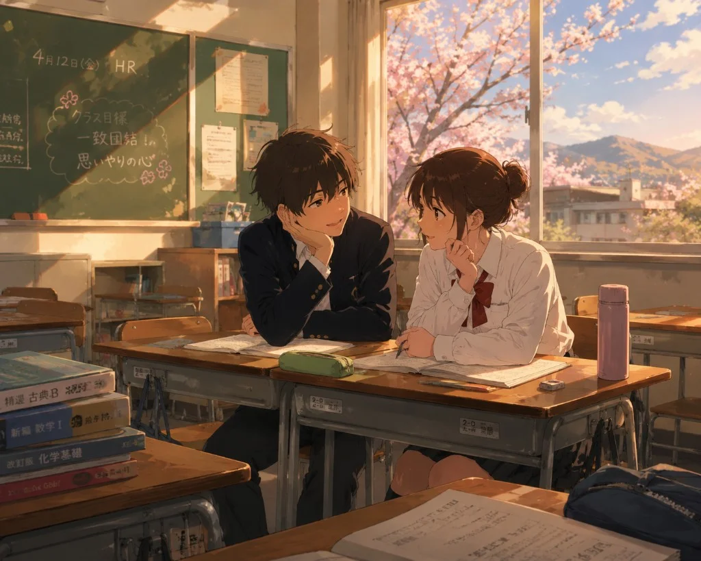Slice of life anime school scene — two students in classroom with warm golden light, cherry blossoms visible through window, Your Name visual register