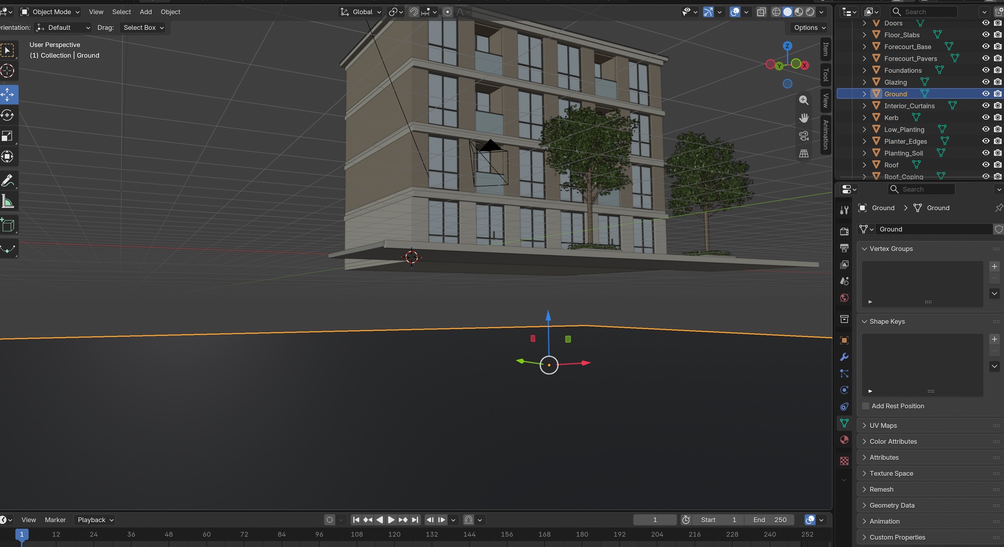 Blender screenshot of the model Astra produced from a building photograph — a four-storey building with street trees in the viewport, and the outliner panel on the right listing Doors, Floor_Slabs, Forecourt_Base, Forecourt_Pavers, Foundations, Glazing, Ground, Interior_Curtains, Kerb, Low_Planting, Planter_Edges, Planting_Soil, Roof and Roof_Coping as separate named objects