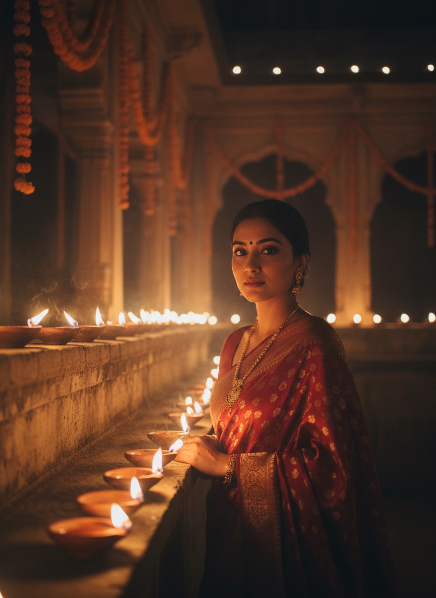Diwali portrait in a diya-lit courtyard, warm lamp light from below with soft falloff into darkness