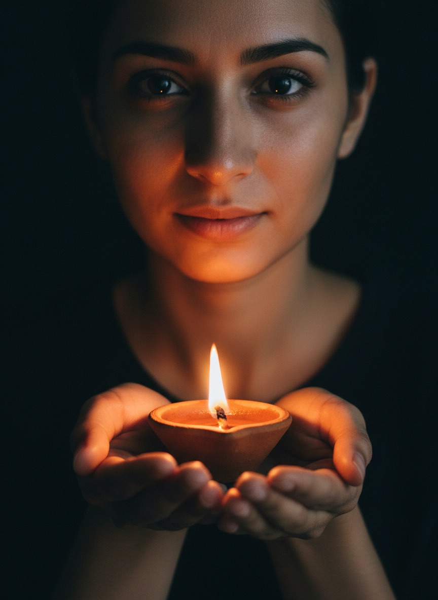 Diwali portrait holding a lit clay diya, flame lighting the face from below with catchlights in the eyes