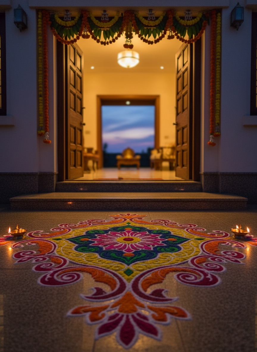 Decorated Diwali doorway with a coloured rangoli, brass lamps and marigold torans