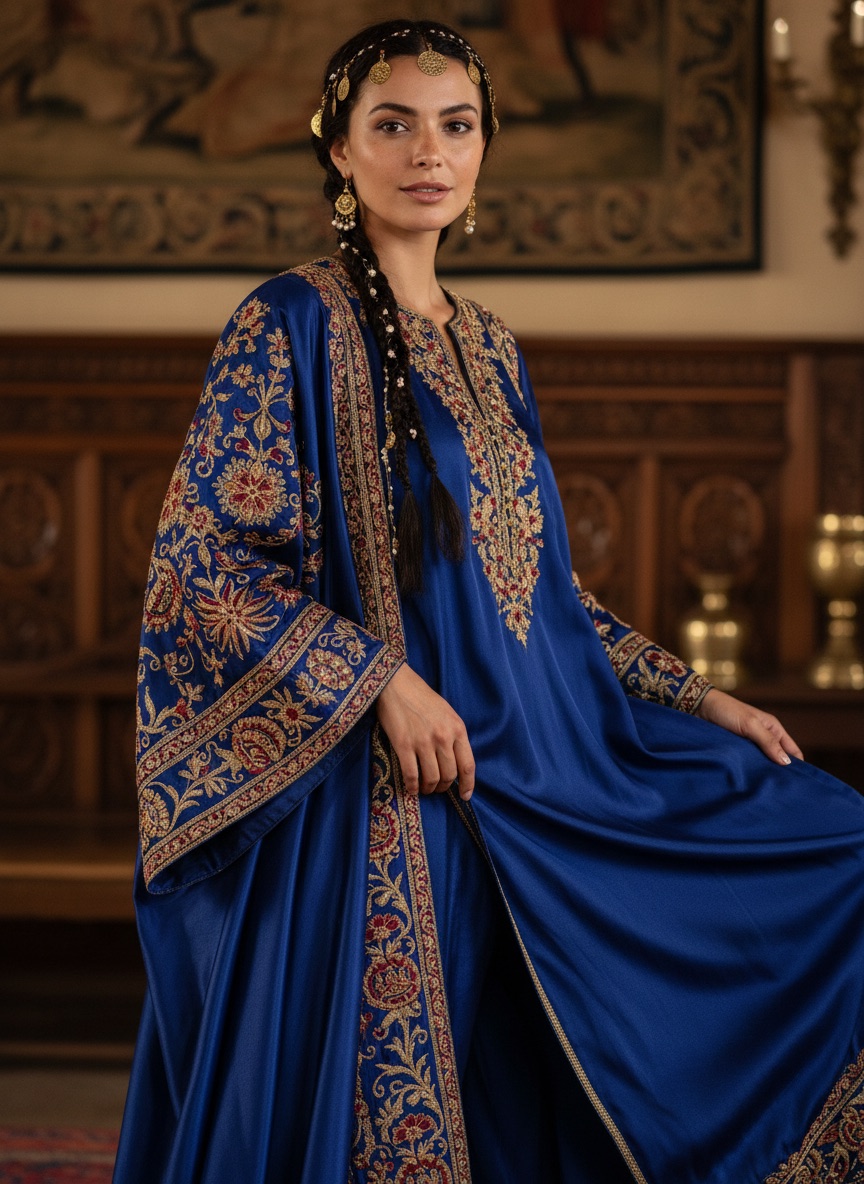 Outfit changed to embroidered silk traditional Indian wear with realistic drape and gold detailing