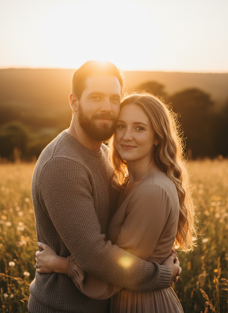 Couple photo relit with warm golden hour backlight and rim light on both subjects