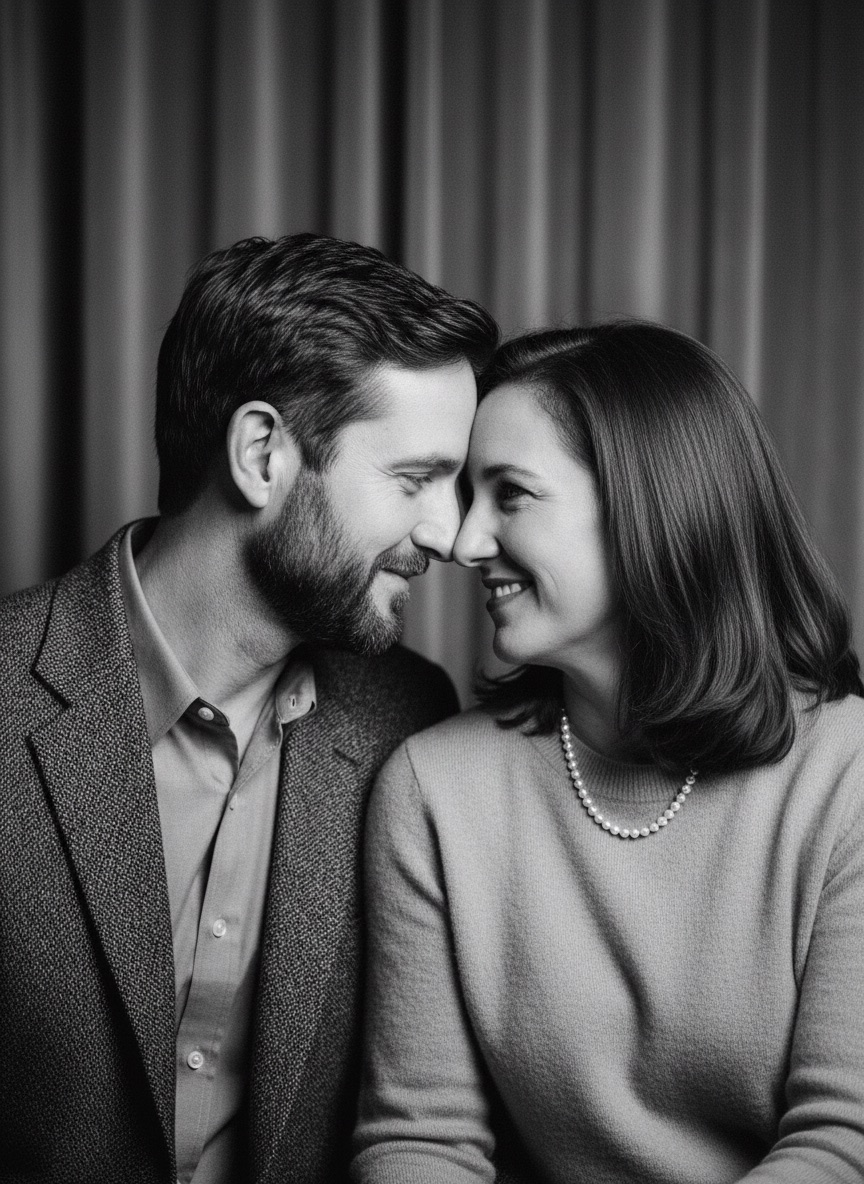 Couple portrait converted to classic black and white with strong midtone contrast on both faces