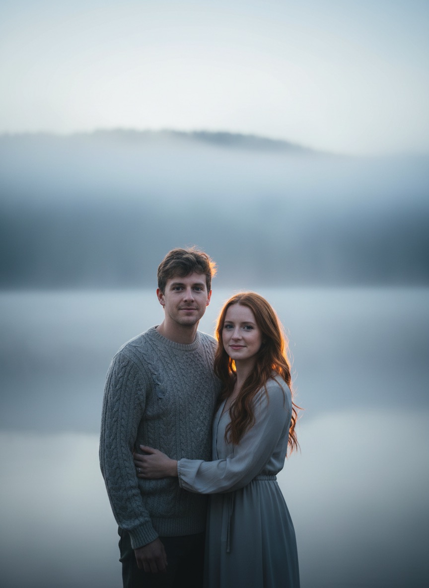 Couple photo with the background changed to a misty lakeside at sunrise, both faces evenly lit