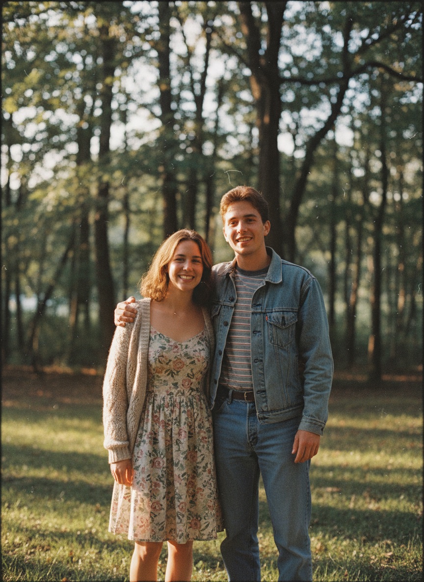 Couple portrait restyled as a 1990s film photograph with warm skin tones and natural grain