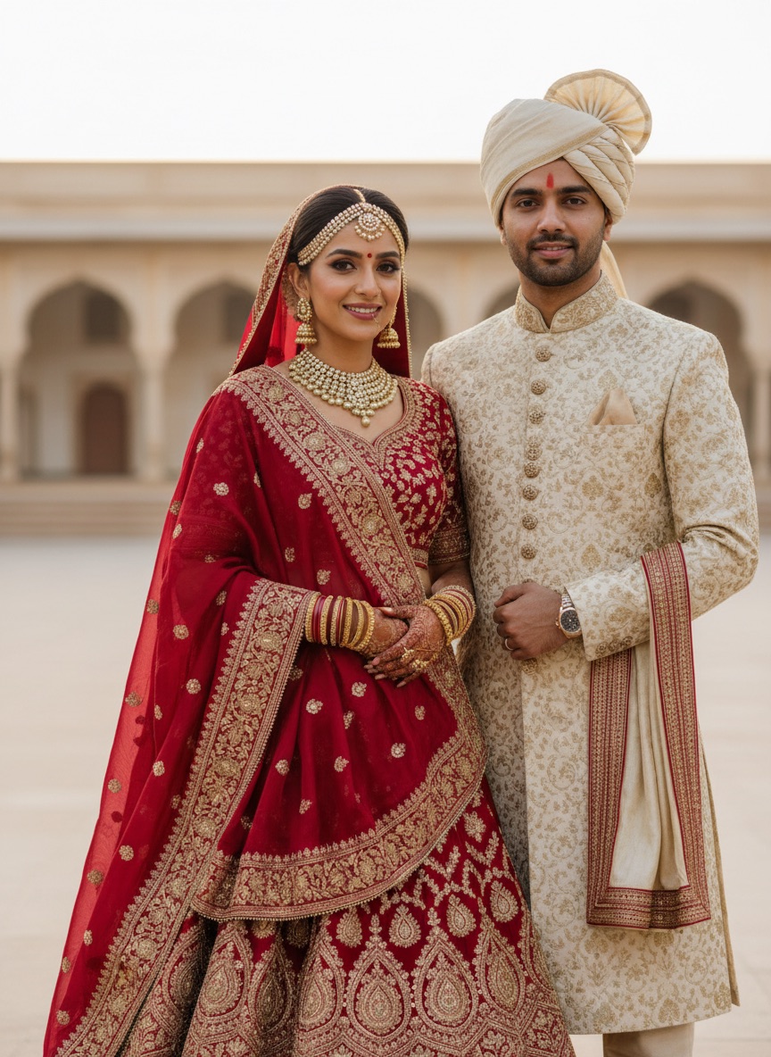 Couple outfits changed to traditional Indian wedding wear with realistic zari embroidery and drape