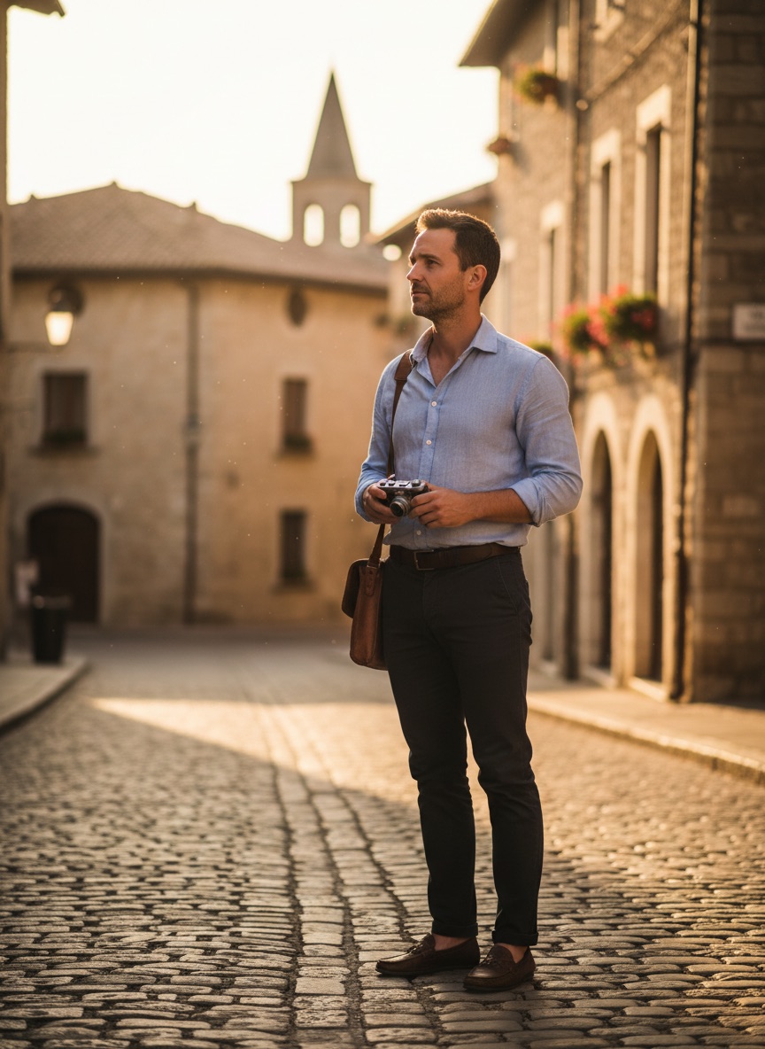 Gemini background change to a sunlit cobblestone street, subject relit to match the new scene