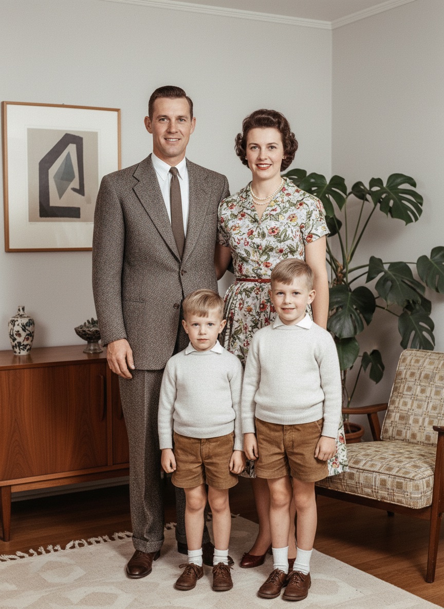 Old family photograph restored in Gemini: damage repaired, colour cast corrected, faces unaltered