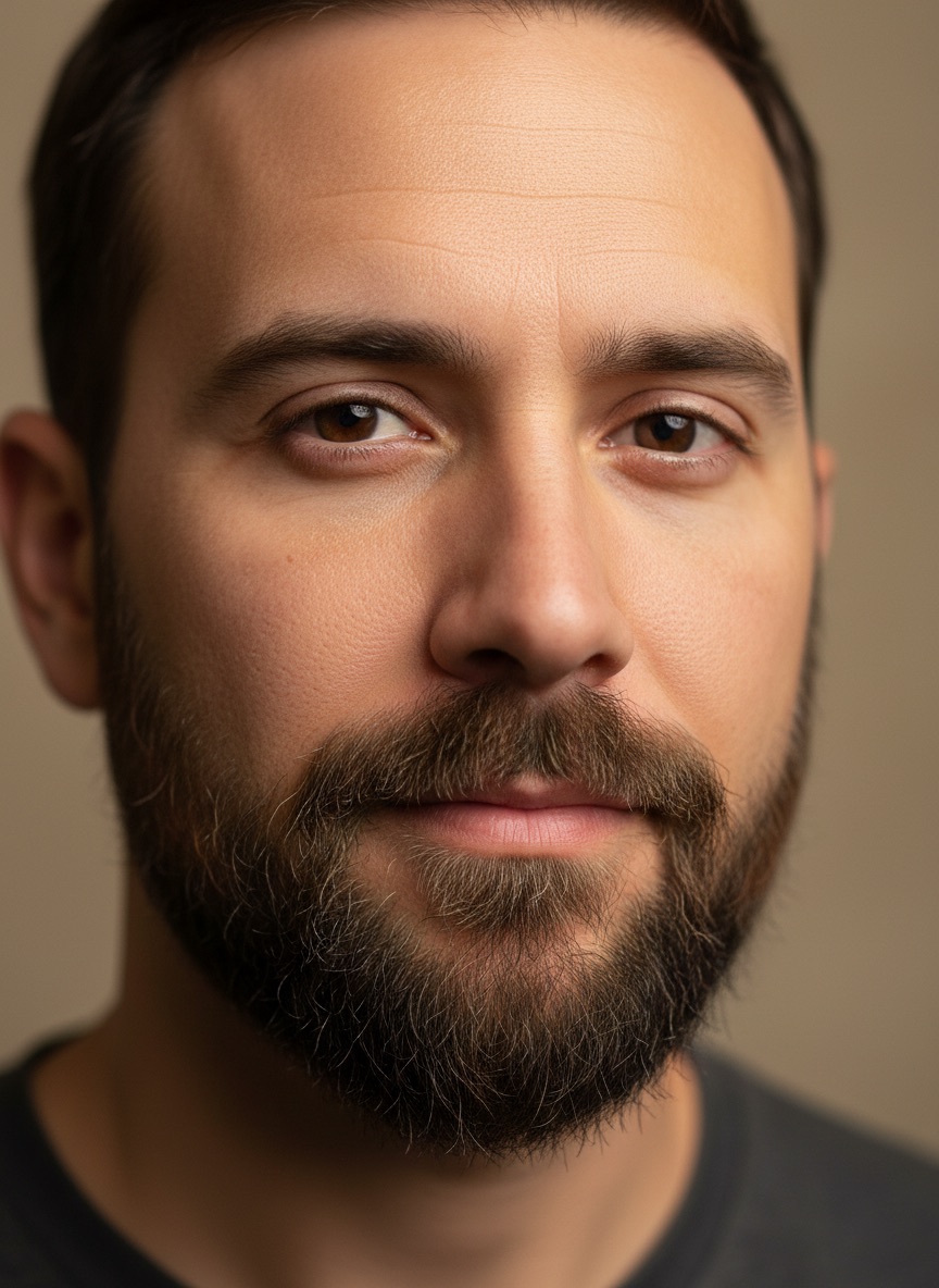 Beard changed to a neatly trimmed short boxed beard with the jawline and face shape unchanged