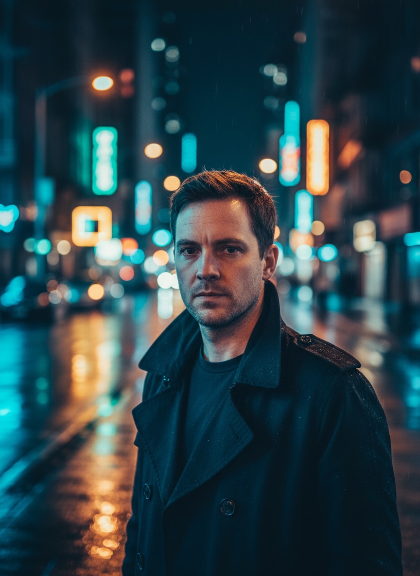 Cinematic men's street portrait on a rain-slicked night street with warm rim light