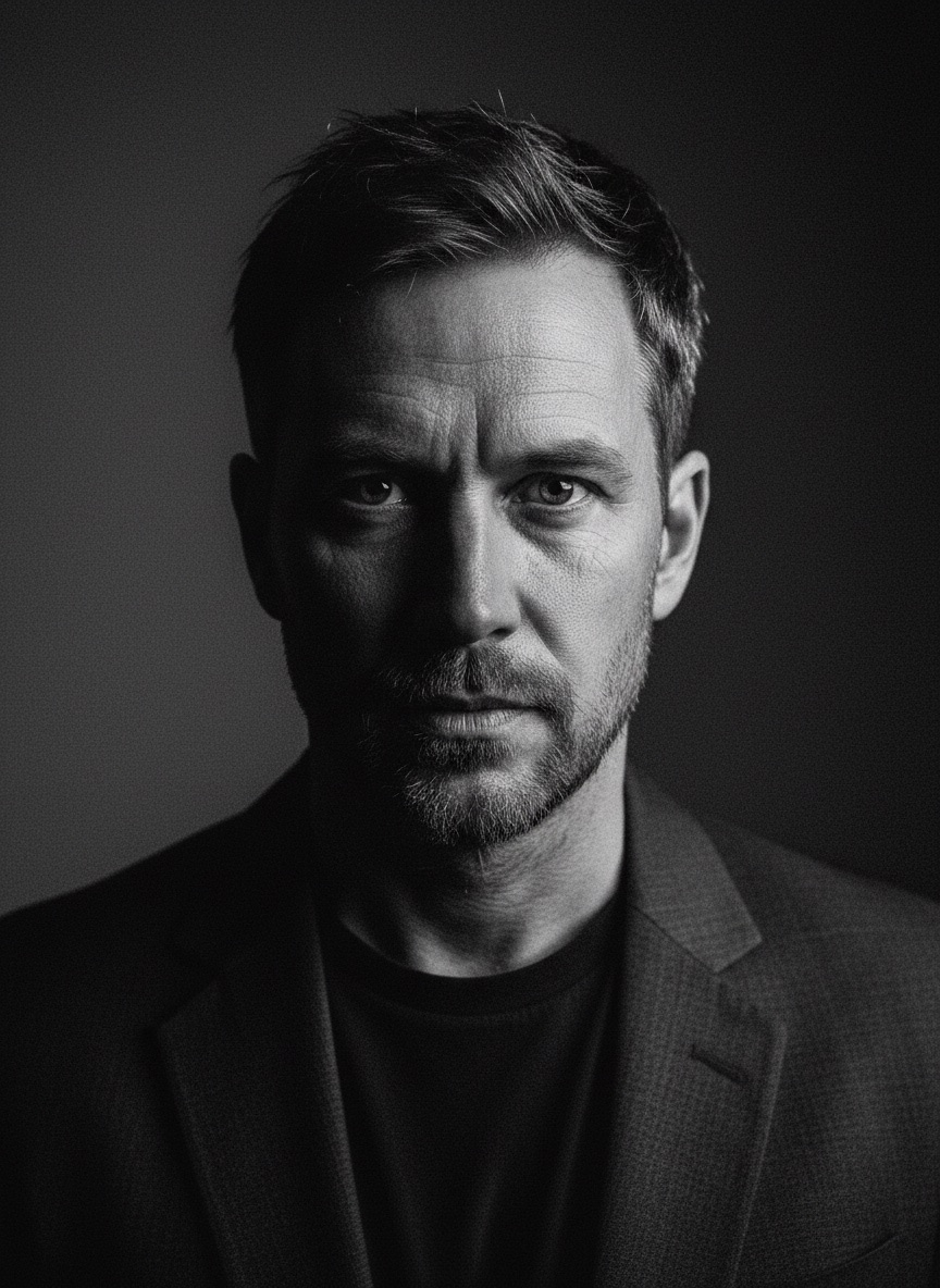 Editorial black and white men's portrait with strong side lighting and visible skin texture