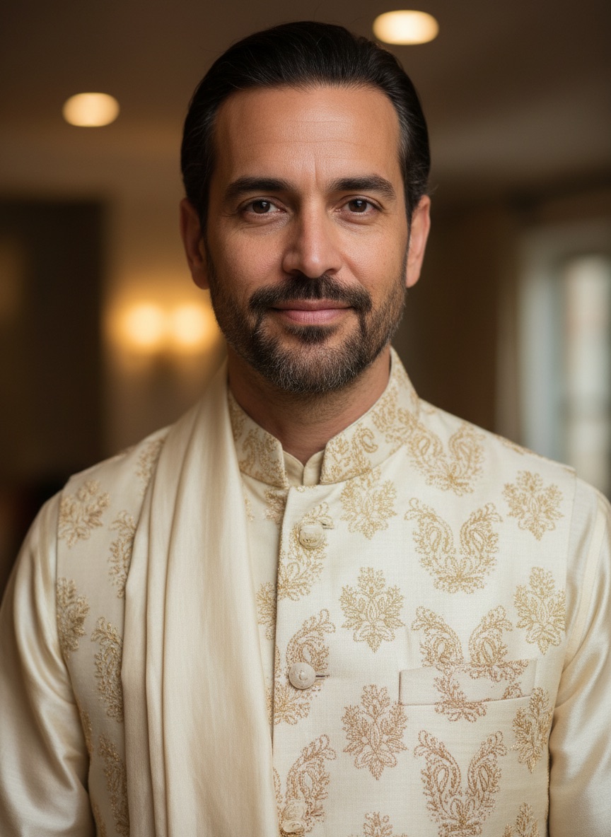 Outfit changed to a cream silk kurta and Nehru jacket with realistic sheen and embroidery texture