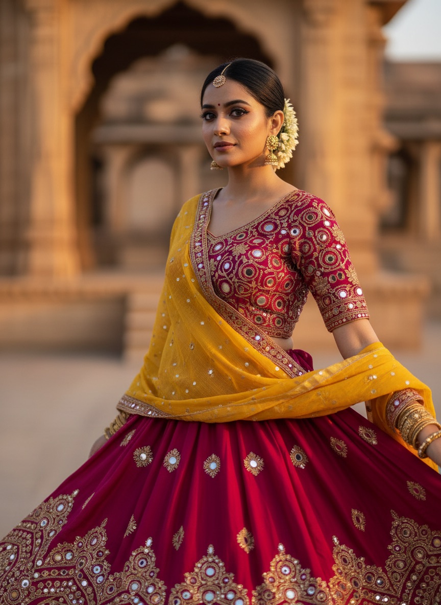 Navratri chaniya choli outfit with mirror work and gold embroidery, realistic fabric flare