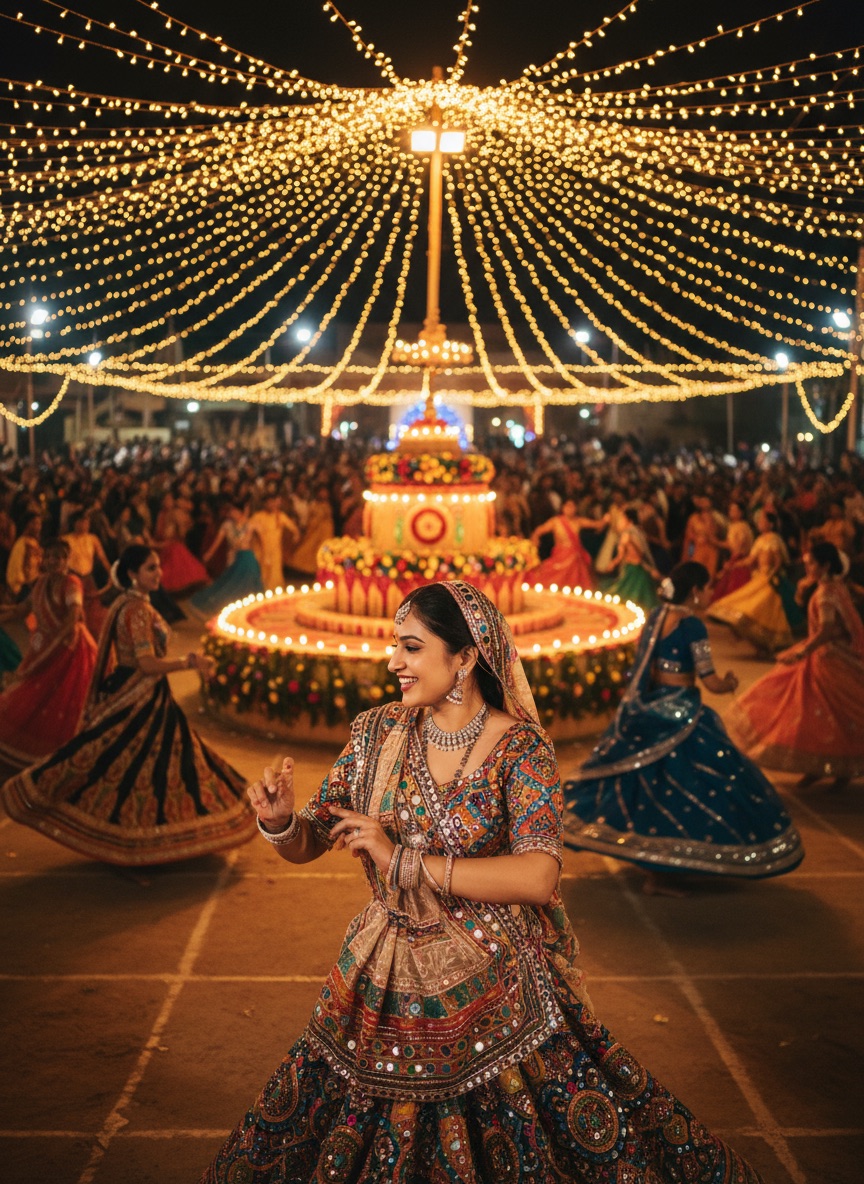 Navratri garba portrait under festival string lights with blurred dancers behind