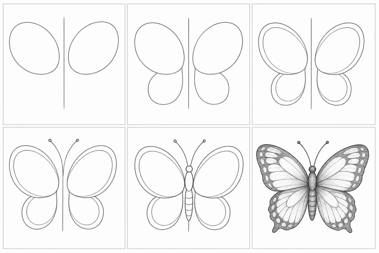 6-step learn-to-draw butterfly tutorial — from a line and two ovals to a fully detailed pencil sketch butterfly with wing patterns