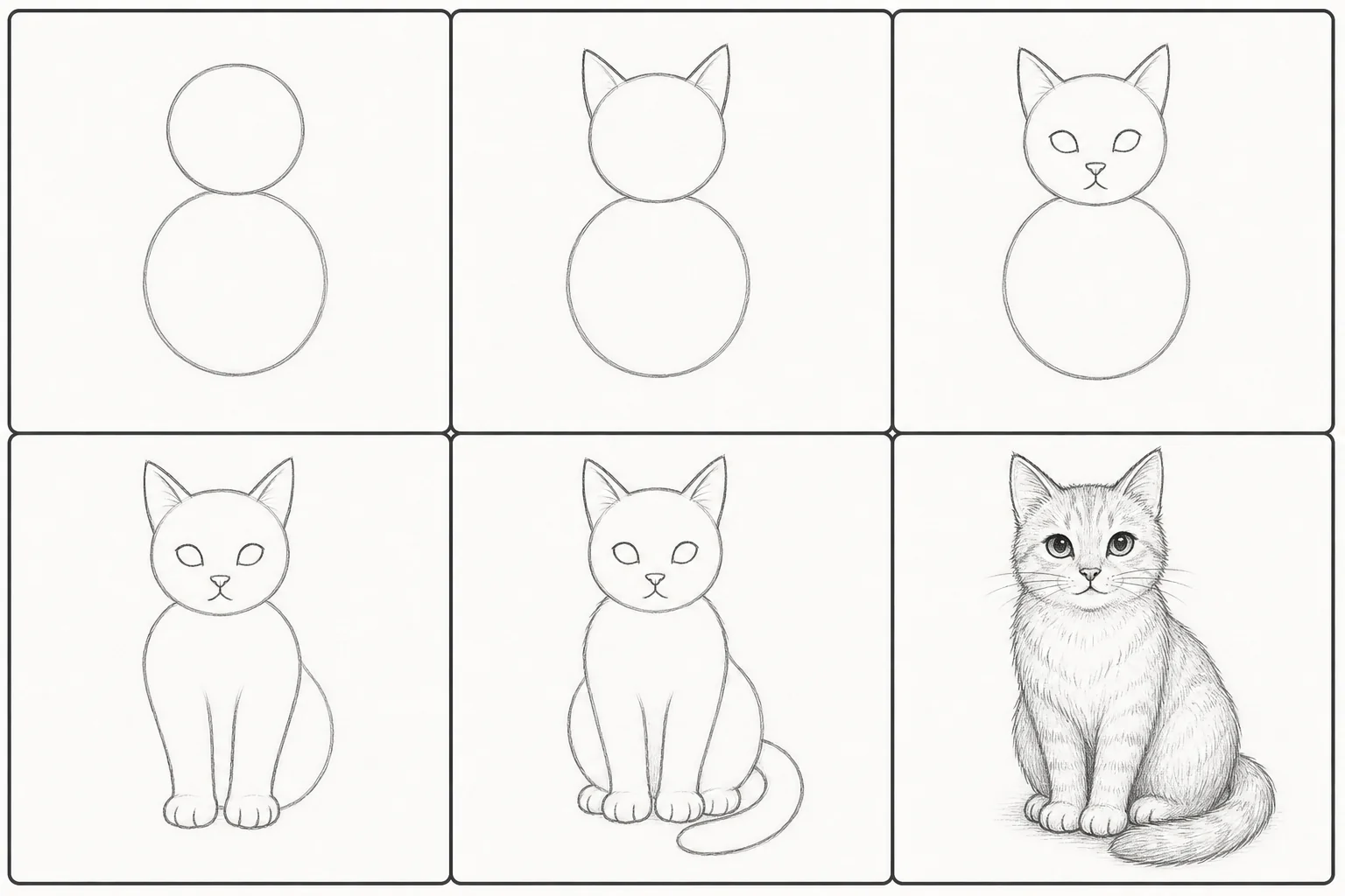 6-step learn-to-draw cat tutorial — from two plain circles to a fully detailed pencil sketch cat with fur texture