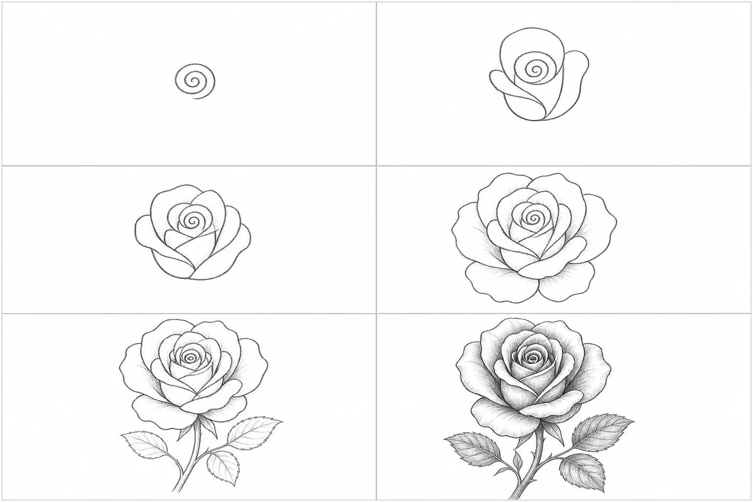 6-step learn-to-draw rose tutorial — from a single spiral to a fully detailed pencil sketch rose with stem and leaves