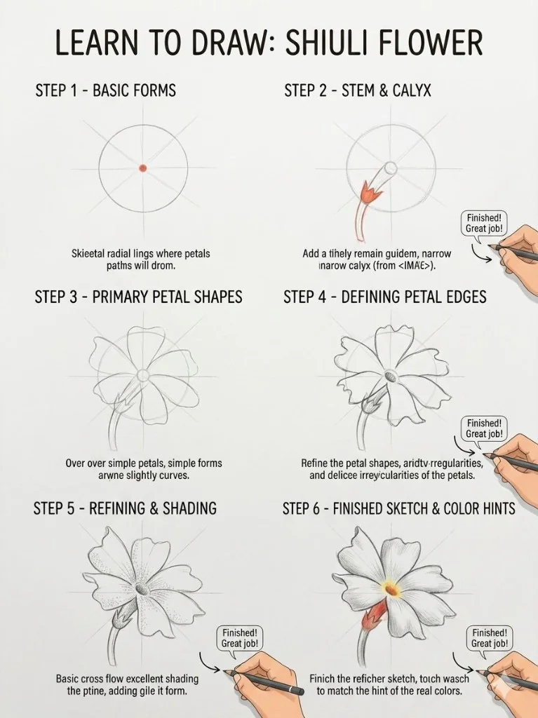ChatGPT-generated 6-step drawing tutorial for the Shiuli flower — from basic circle and stem to finished detailed sketch