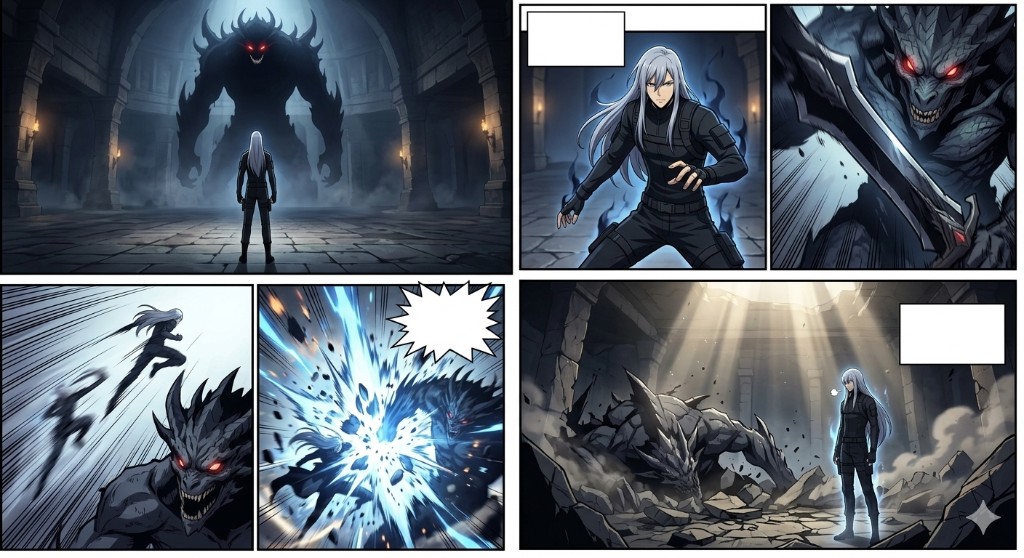 6-panel manhwa dungeon boss battle page — the character stands small before a massive horned shadow monster with glowing red eyes in a torchlit dungeon chamber, full-width wide establishing panel (panel 1), character in combat ready stance with empty rectangular monologue box and blue shadow aura rising (panel 2), close-up of the monster's terrifying face and clawed weapon descending (panel 3), character dodges in a speed-line blur and reappears mid-air behind the monster with arm drawn back (panel 4), explosive electric blue energy impact as the attack connects with a large empty jagged action burst (panel 5), character stands in the wrecked dungeon over the collapsed monster as shafts of light pierce through dust from above with an empty monologue box (panel 6). Korean manhwa action aesthetic, Solo Leveling quality, photorealistic painted backgrounds.
