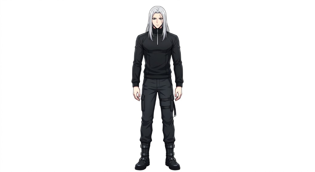 Manhwa character design reference sheet — a tall 20-year-old man with silver-white hair falling past the jaw, dark grey eyes, sharp jawline, fair pale skin, wearing all-black tactical gear: fitted zip-collar jacket, dark cargo pants with side strap, and heavy boots with buckles. Full-body front view on clean white background, Korean manhwa art style, clean cel-shading.