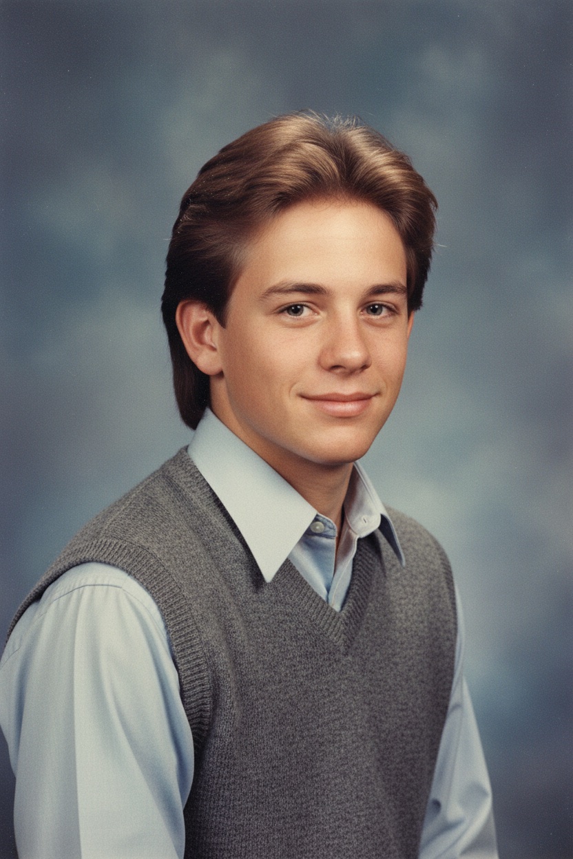 1987 high school yearbook senior portrait of a teenage boy with feathered hair, wearing a grey sweater vest over a pale blue collared shirt, three-quarter turn against a mottled blue-grey canvas backdrop