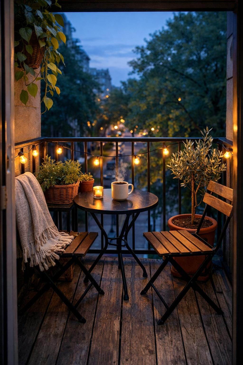 Small apartment balcony — 4ft x 8ft with folding bistro chairs, potted herbs and olive tree, string lights at blue hour dusk