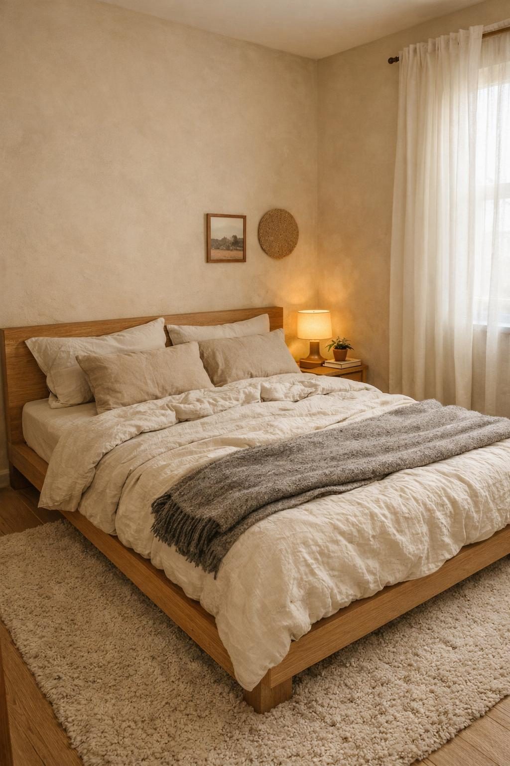 Small apartment bedroom — low oak platform bed with layered linen and quilt, warm limewash walls, morning light through sheer curtains