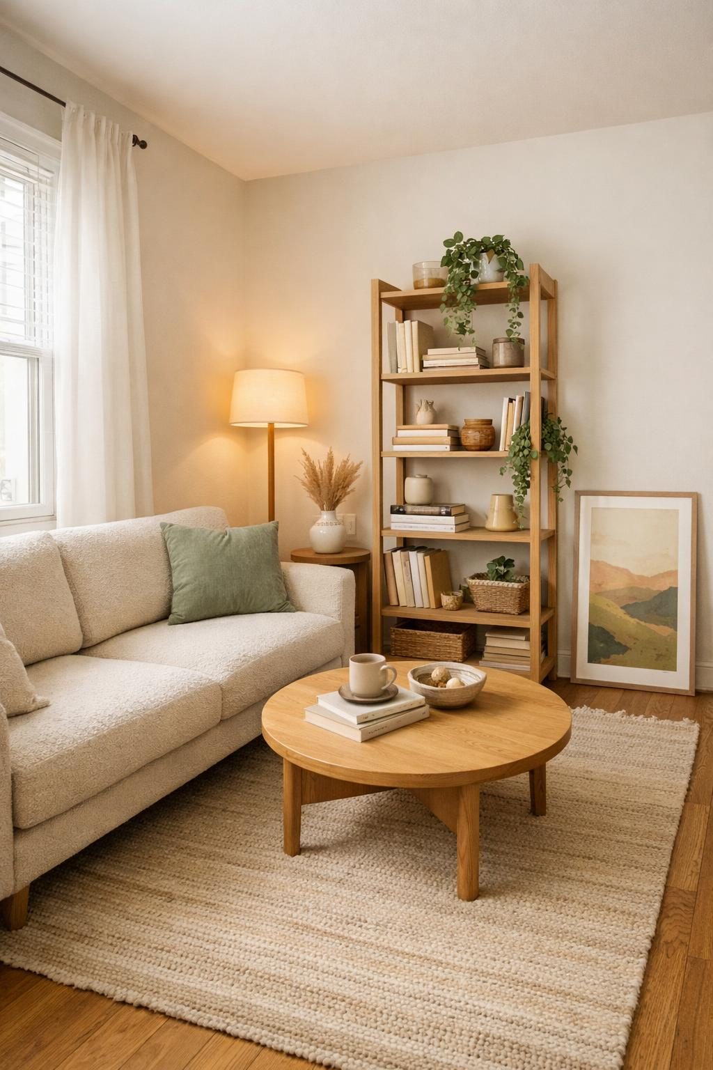 Small apartment living room — 12ft x 14ft warm minimalist space with compact sofa, low round coffee table and slim shelving, layered lamp and window light