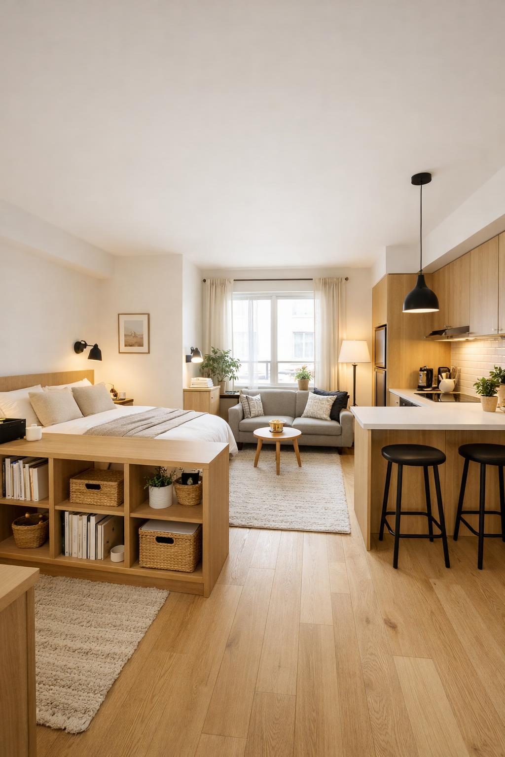 Studio apartment layout — 400 sq ft Scandinavian space with sleeping alcove, living area, kitchenette and desk, shot ultra-wide from the corner