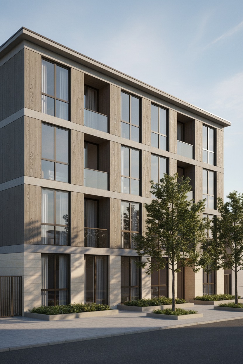 Photorealistic architectural render of a contemporary four-storey residential building seen in three-quarter view from street level, with board-formed concrete showing visible timber grain, a pale limestone base course, recessed balconies with glass balustrades and semi-mature street trees along the pavement