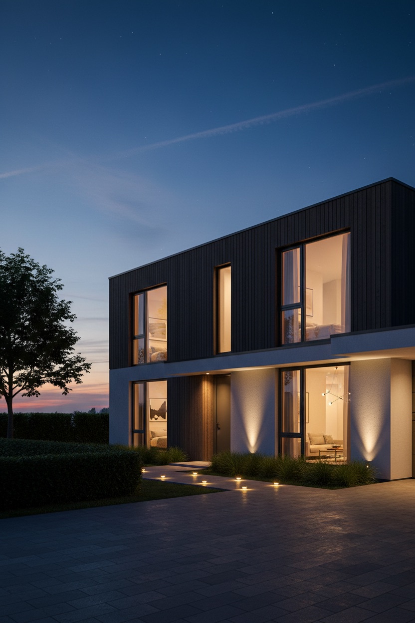 Photorealistic architectural render of a contemporary two-storey house at blue hour, dark timber clad upper floor and pale concrete ground floor, windows glowing warm at varying intensities, amber path lights and facade uplights washing the paving, against a deep blue sky with a band of residual sunset colour at the horizon