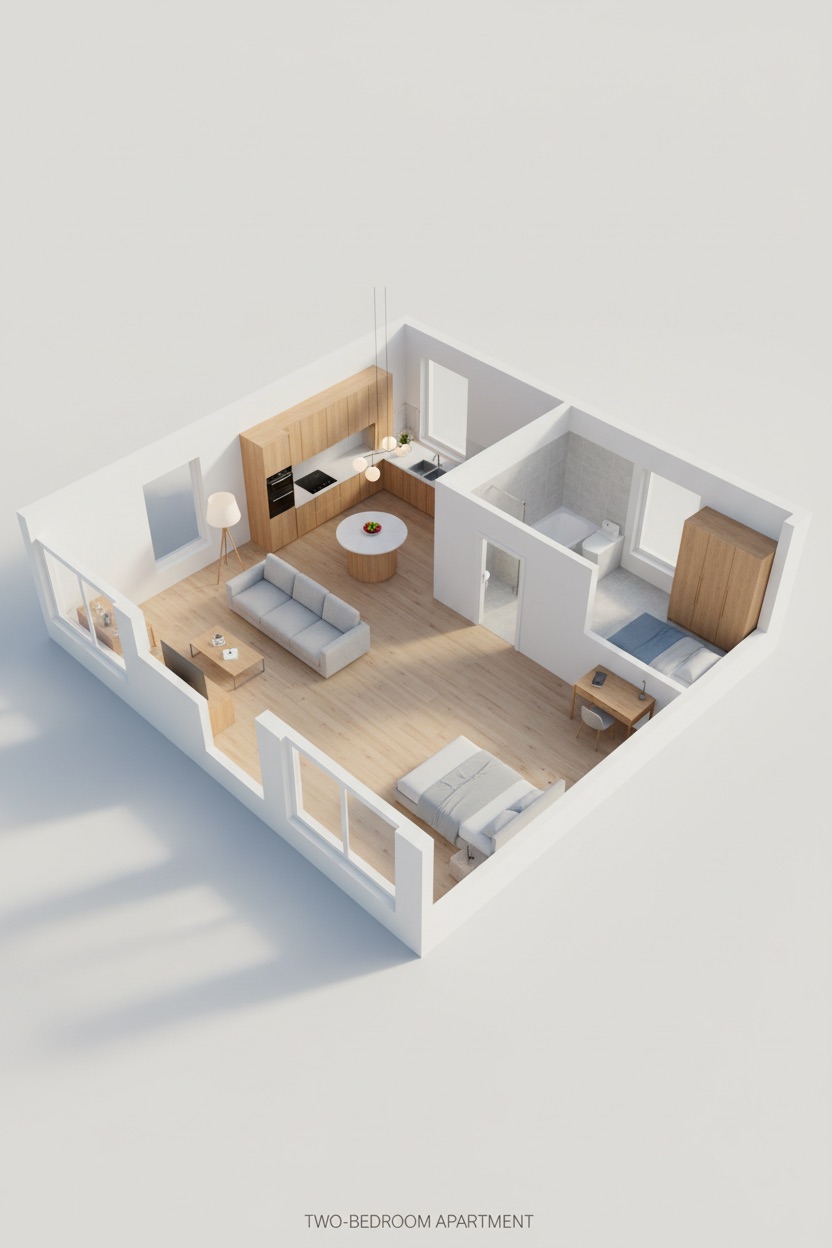 3D cutaway dollhouse visualization of a two-bedroom apartment seen from above at 45 degrees with walls cut at waist height, showing an open-plan living and kitchen space, two bedrooms, a bathroom and a central hall, furnished at correct scale on pale oak flooring